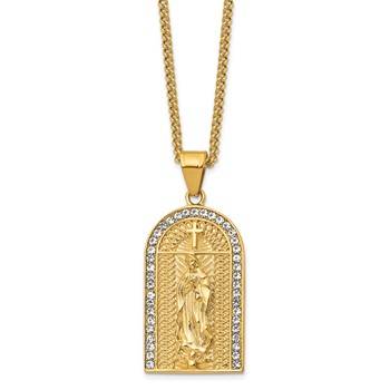 Chisel Stainless Steel Polished Yellow IP-plated with Crystal Blessed Mary Pendant on a 24 inch Curb Chain Necklace — alternate view