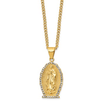 Chisel Stainless Steel Polished Yellow IP-plated with Crystal Our Lady of Guadalupe Pendant on a 24 inch Curb Chain Necklace — alternate view