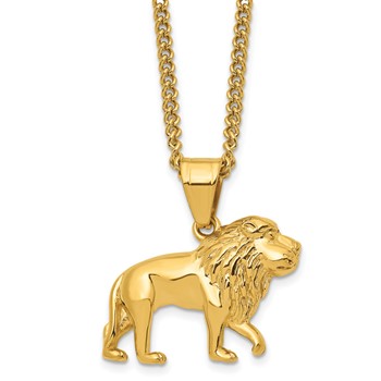 Chisel Stainless Steel Polished Yellow IP-plated Lion Pendant on a 24 inch Curb Chain Necklace