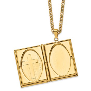 Chisel Stainless Steel Polished Yellow IP-plated Cross Bible Locket Pendant on a 24 inch Curb Chain Necklace — alternate view