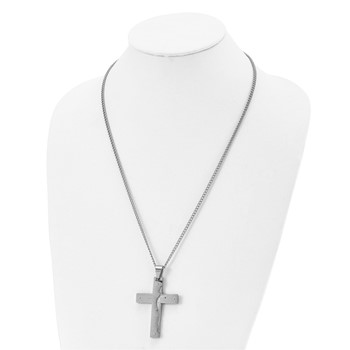 Chisel Stainless Steel Polished Etched Isaiah 41:10 Prayer Cross Pendant on a 24 inch Curb Chain Necklace — alternate view