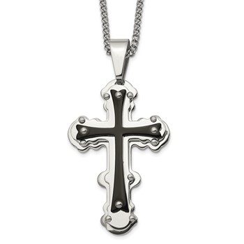 Chisel Stainless Steel Polished Black IP-plated Cross Pendant on a 24 inch Curb Chain Necklace