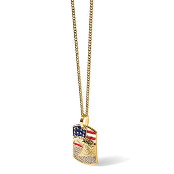 Chisel Stainless Steel Polished Yellow IP-plated Enameled Crystal Eagle and American Flag Dog Tag on a 24 inch Curb Chain Necklace — alternate view