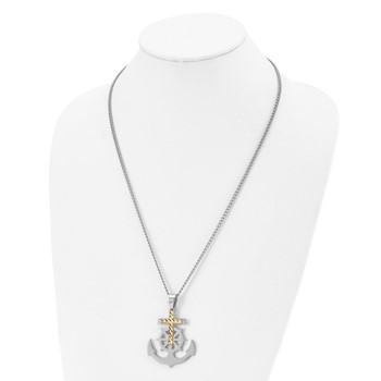 Chisel Stainless Steel Polished Anchor with Yellow IP-plated Diamond cut Cross Pendant on a 24 inch Curb Chain Necklace — alternate view