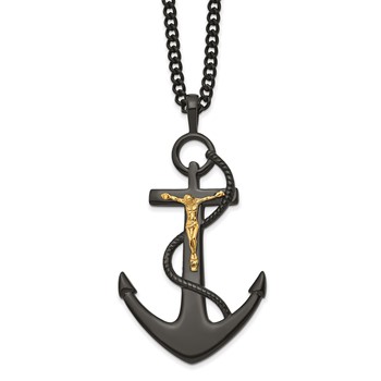 Chisel Stainless Steel Polished Black and Yellow IP-plated Crucifix Anchor Necklace