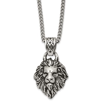 Chisel Stainless Steel Antiqued and Polished Small Lion Head with Swirl Design Pendant on a 24 inch Curb Chain Necklace