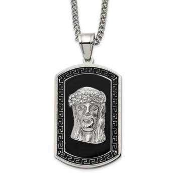 Chisel Stainless Steel Polished Enameled with Crystal Jesus Dog Tag on a 24 inch Curb Chain Necklace