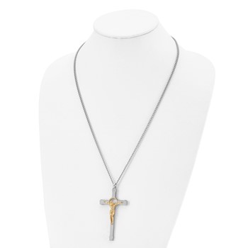 Chisel Stainless Steel Polished Yellow IP-plated Crucifix Pendant on a 24 inch Curb Chain Necklace — alternate view