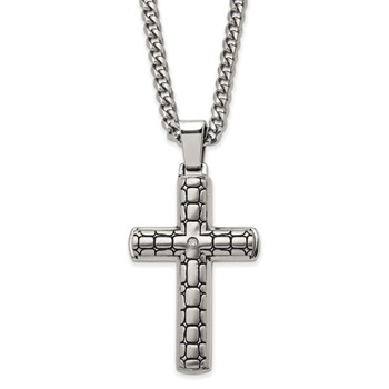 Chisel Stainless Steel Antiqued Brushed and Polished with CZ Cross Pendant on a 24 inch Curb Chain Necklace