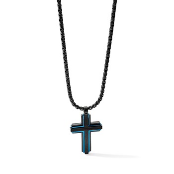 Chisel Stainless Steel Brushed and Polished Black and Blue IP-plated Cross Pendant on a 24 inch Box Chain Necklace — alternate view