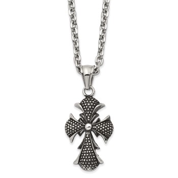 Stainless Steel Antiqued Polished and Textured Cross 24 inch Necklace