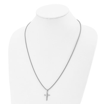 Chisel Stainless Steel Polished and Textured Sunburst Design Cross Pendant on a 24 inch Box Chain Necklace — alternate view
