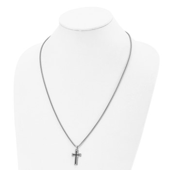 Chisel Stainless Steel Polished with Black Enamel Cross Pendant on a 24 inch Box Chain Necklace — alternate view