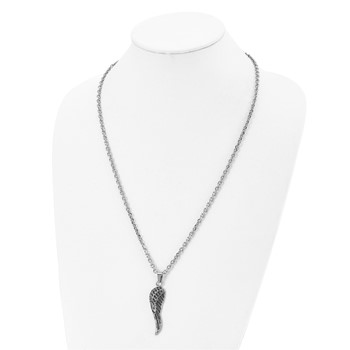 Chisel Stainless Steel Antiqued and Polished with Black Crystal Wing Pendant on a 25.5 inch Cable Chain Necklace — alternate view