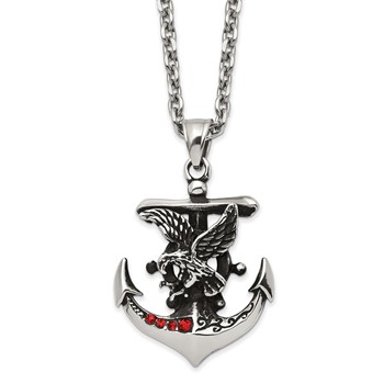 Chisel Stainless Steel Polished and Antiqued with Red Crystal Eagle on Anchor Pendant on a 24 inch Cable Chain Necklace