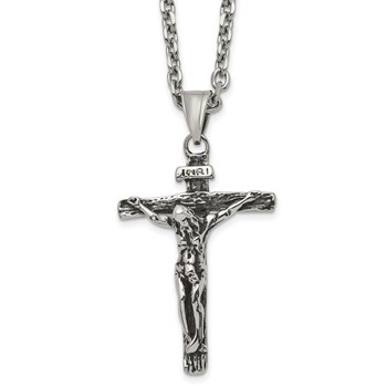 Chisel Stainless Steel Antiqued and Polished INRI Crucifix Pendant on a 24 inch Cable Chain Necklace