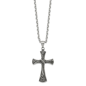 Chisel Stainless Steel Antiqued and Polished Swirl Design Cross Pendant on a 25.5 inch Cable Chain Necklace — alternate view
