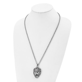Chisel Stainless Steel Antiqued and Polished Large Lion's Head Pendant on a 24 inch Curb Chain Necklace — alternate view