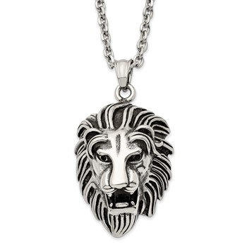 Chisel Stainless Steel Antiqued and Polished Large Lion's Head Pendant on a 24 inch Curb Chain Necklace