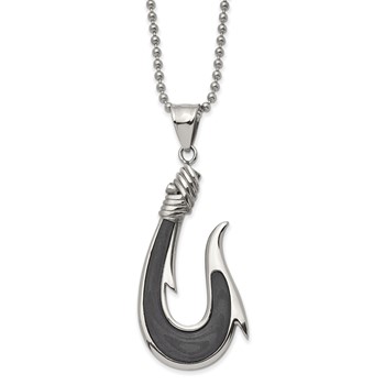 Chisel Stainless Steel Polished with Solid Black Carbon Fiber Hook Pendant on a 22 inch Ball Chain Necklace
