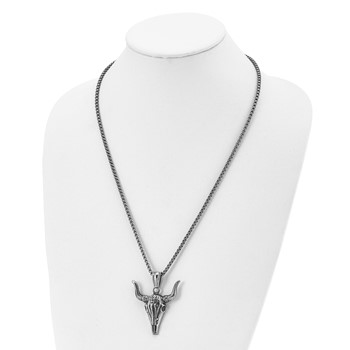 Chisel Stainless Steel Antiqued and Polished Bull Skull Pendant on a 24 inch Box Chain Necklace — alternate view
