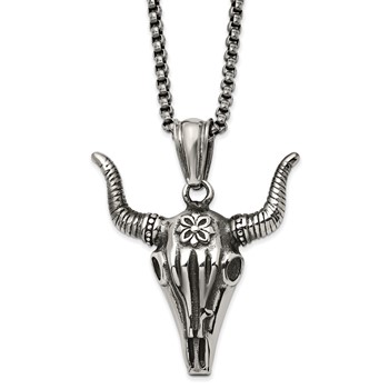 Chisel Stainless Steel Antiqued and Polished Bull Skull Pendant on a 24 inch Box Chain Necklace