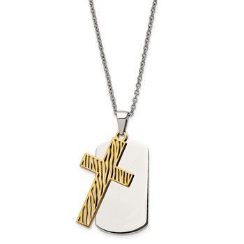 Chisel Stainless Steel Polished Yellow IP-plated 2 Piece Cut Out Stripes Cross Dog Tag on a 24 inch Cable Chain Necklace — alternate view