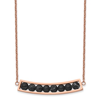 Chisel Stainless Steel Polished Rose IP-plated Bar with Black Grain Stone on a 17.5 inch Cable Chain with a 2 inch Extension Necklace
