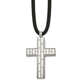 Chisel Stainless Steel Brushed and Polished Brick Design Cross on a Pendant 19.5 inch Black Rubber Cord Necklace
