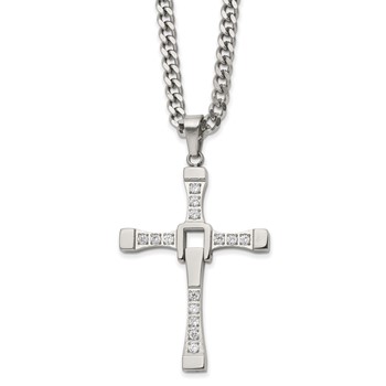 Chisel Stainless Steel Polished with CZ Moveable Cross Pendant on a 22 inch with 2 inch Extension Cable Chain Necklace