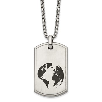 Chisel Stainless Steel Brushed Black Enamel Earth Dog Tag on a 24 inch Box Chain with 2.75in extension Necklace