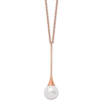 Chisel Stainless Steel Polished Rose IP-plated Imitation Pearl Pendant on a 15.75 inch with a 1 inch Extension Necklace