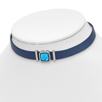 Stainless Steel Polished Blue Leather w/Crystal 13in w/1.75in ext Choker — alternate view