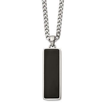 Chisel Stainless Steel Polished with Black Onyx Inlay Rectangle Pendant on a 22 inch Curb Chain Necklace