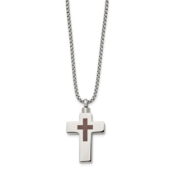 Chisel Stainless Steel Polished and Lasered Cross Ash Holder on a 24in Box Chain Necklace — alternate view
