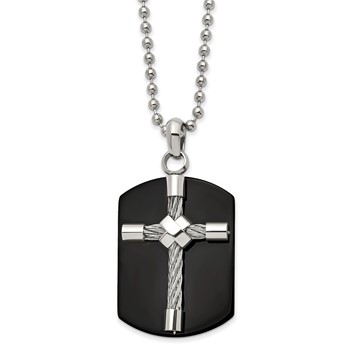 Chisel Stainless Steel Polished Black IP-plated Wire Cross Dog Tag on a 24 inch Ball Chain Necklace