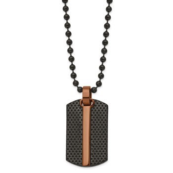 Chisel Stainless Steel Polished and Textured Black and Brown IP-plated Dog Tag on a 24 inch Ball Chain Necklace
