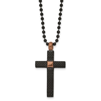 Chisel Stainless Steel Polished and Textured Black and Brown IP-plated Cross Pendant on a 24 inch Ball Chain Necklace