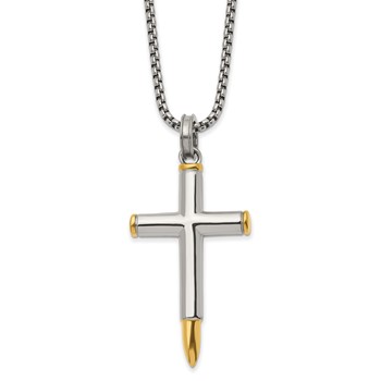 Chisel Stainless Steel Polished Yellow IP-plated Bullet Cross Pendant on a 24 inch Box Chain Necklace
