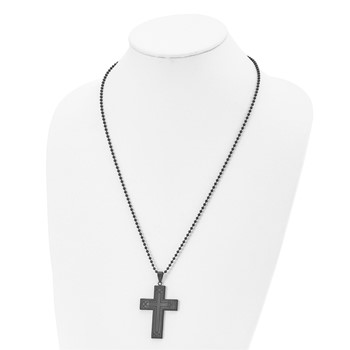 Chisel Stainless Steel Polished Black IP-plated Solid Black Carbon Fiber Cross Pendant on a 24 inch Ball Chain Necklace — alternate view