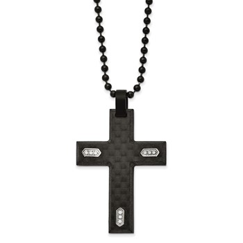Chisel Stainless Steel Brushed Black IP-plated and Black Carbon Fiber with CZ Cross Pendanat on a 24 inch Ball Chain Necklace