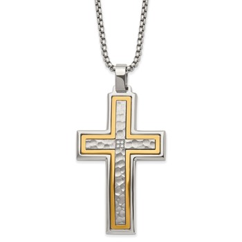 Chisel Stainless Steel Brushed and Polished Yellow IP-plated with CZ Cross Pendant on a 24 inch Box Chain Necklace