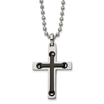 Chisel Stainless Steel Polished with Black IP-plated Center Cross Pendant on a 22 inch Ball Chain Necklace