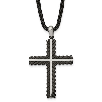 Chisel Stainless Steel Brushed and Polished Black IP-plated Cross Pendant on a 24 inch Box Chain Necklace