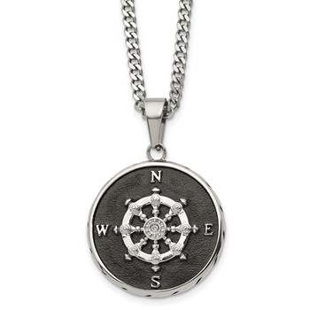 Chisel Stainless Steel Polished Black IP-plated Compass Pendant on a 22 inch Curb Chain Necklace