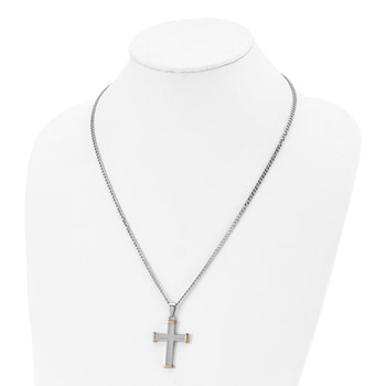 Chisel Stainless Steel Polished and Textured Yellow IP-plated Cross Pendant on a 22 inch Curb Chain Necklace — alternate view