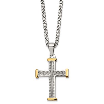 Chisel Stainless Steel Polished and Textured Yellow IP-plated Cross Pendant on a 22 inch Curb Chain Necklace