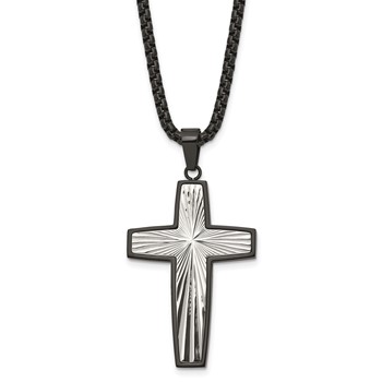 Chisel Stainless Steel Polished and Textured Black IP-plated Cross Pendant on a 24 inch Box Chain Necklace