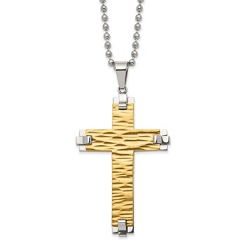 Chisel Stainless Steel Brushed Polished and Textured Yellow IP-plated Cross Pendant on a 22 inch Ball Chain Necklace