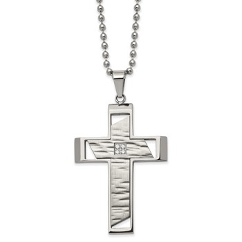 Chisel Stainless Steel Brushed Polished and Textured with CZ Cutout Cross Pendant on a 22 inch Ball Chain Necklace